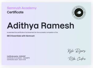 SEO Essentials with Semrush certificate - Adithya Ramesh